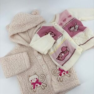 Cardigan & Sherpa Jacket Lot Baby 3-6M Pink Pink Cream Cats  Heart